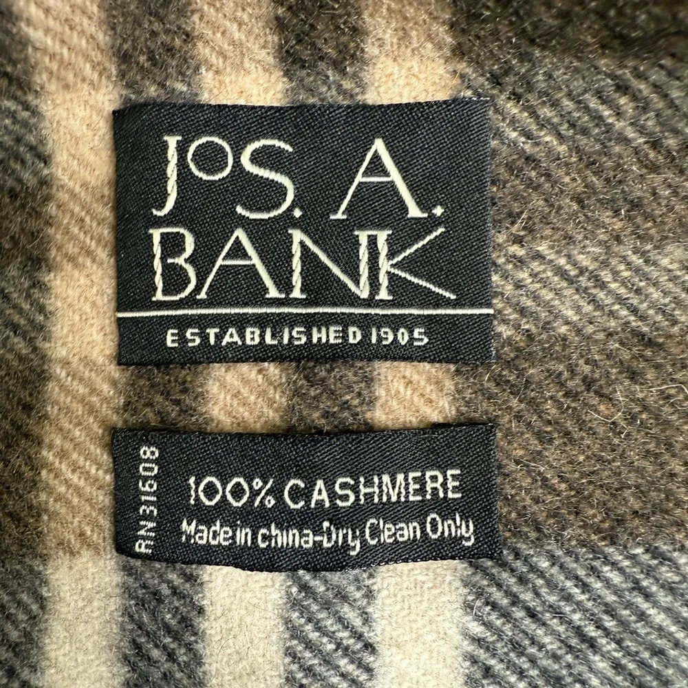 Jos. A. Bank 100% Cashmere Plaid Scarf Beige Taupe Gray Classic Winter Neutral